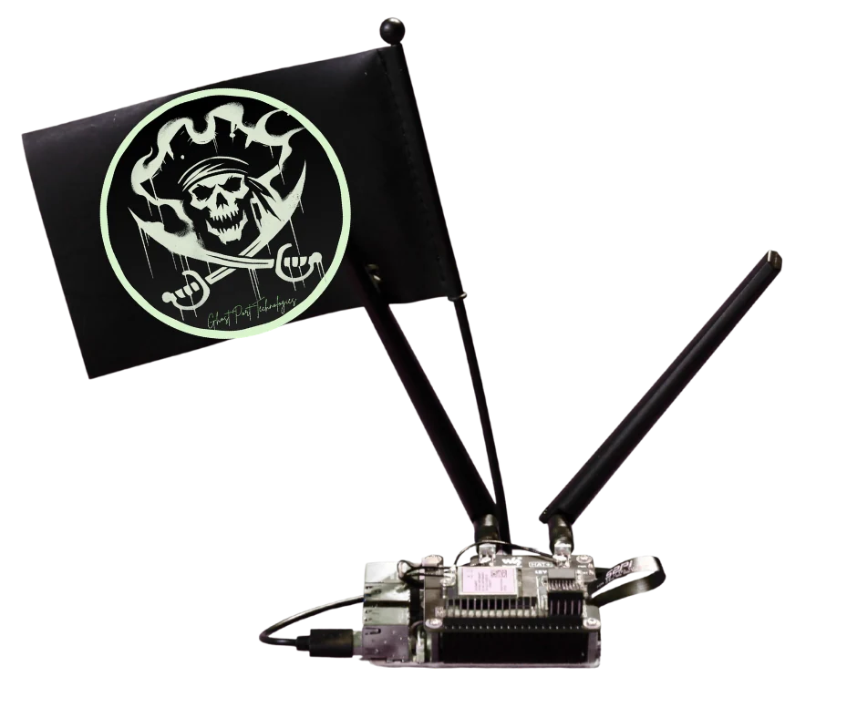 GhostPort device with pirate flag, dual antennas, clear case